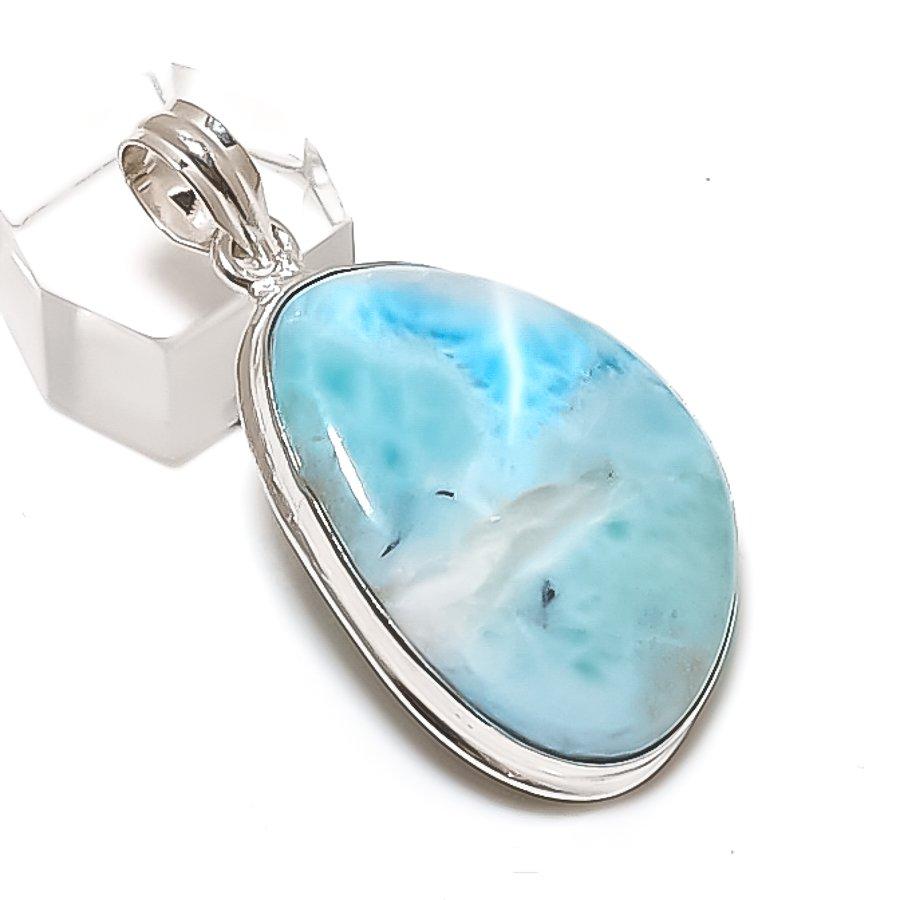 Larimar Gemstone Handmade 925 Sterling Silver Jewelry Pendant 2.01" Q2G09