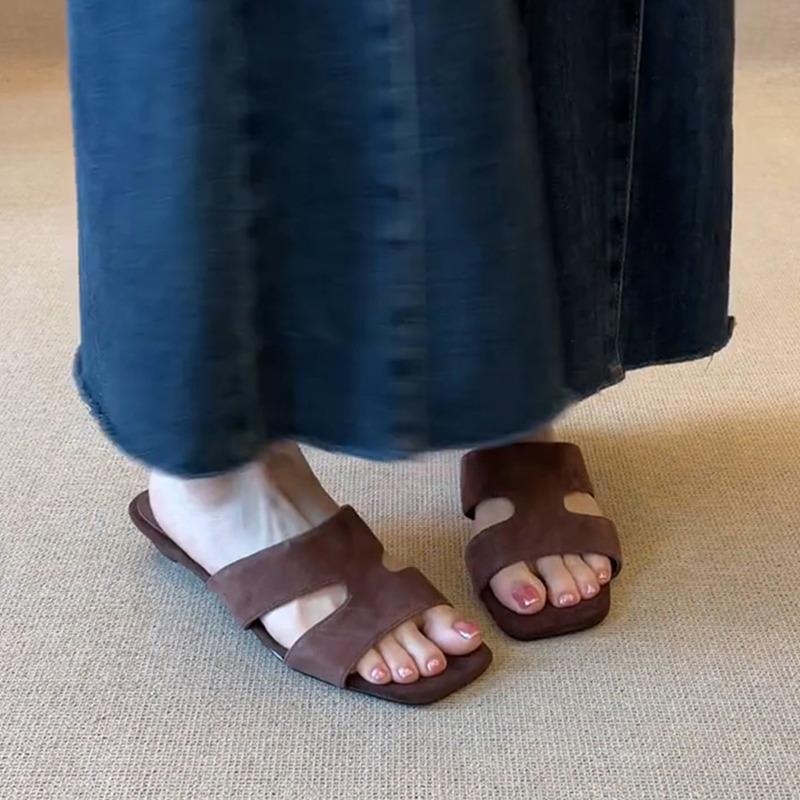 Sheepskin Version~ Simple Open-toed Wedge Heel One-word Slippers Women's Summer Retro Soft-soled Casual Hollowed-out Outer Cool Slippers