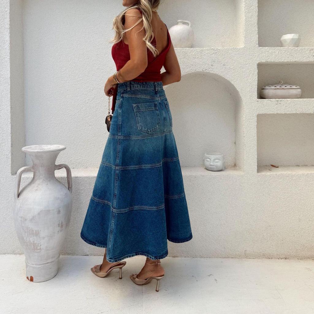 European & American Retro High-Waisted A-Line Denim Maxi Skirt for Women
