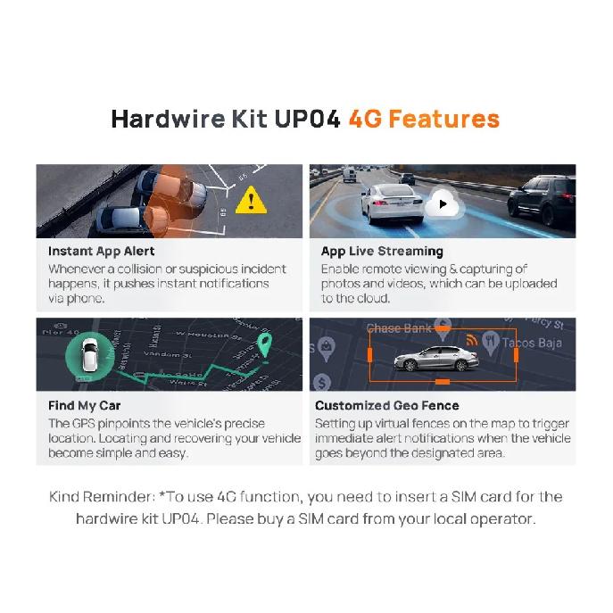 70mai 4G Hardwire Kit UP04 for 70mai T800 A810S A810 A510 X800 X200 4G LTE Module Remote Control Live Streaming 70mai UP04