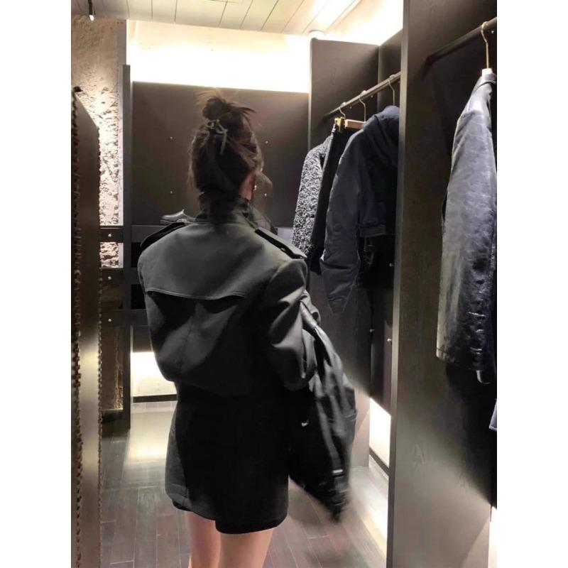 Retro Fashion Stand Collar Black Broad Shoulder Jacket Women's Spring and Autumn New Hong Kong Style Casual Short Top