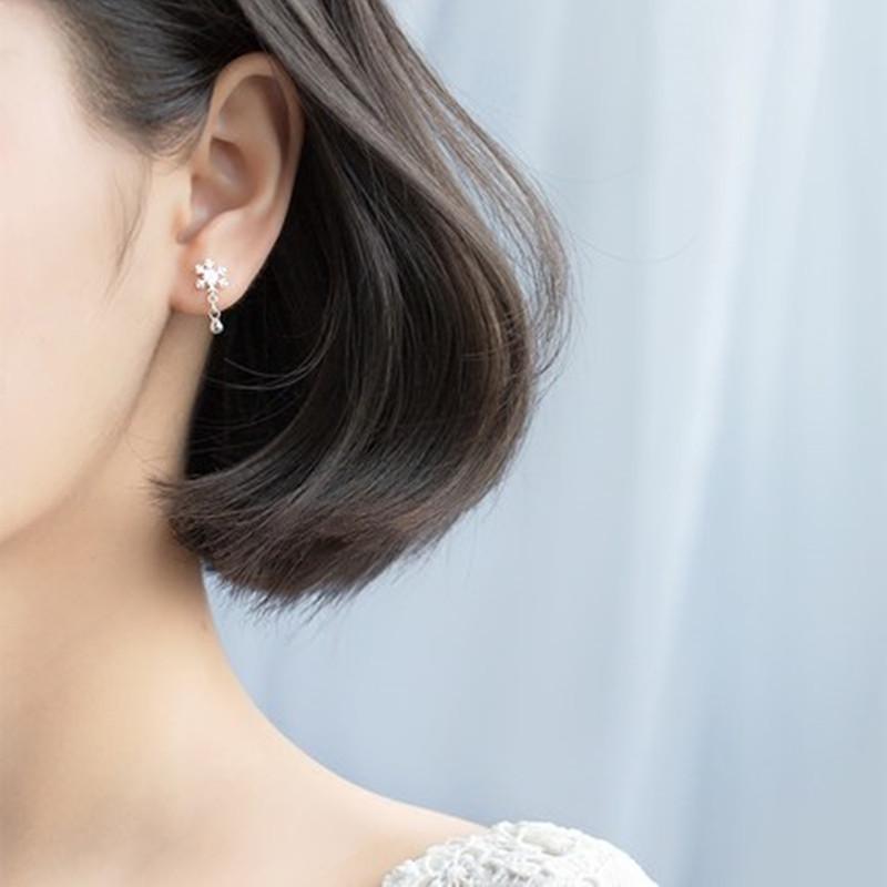 Snowflake Silver Plated Stud Earrings - Korean Mori Style, Light Bead Design, Perfect for Christmas