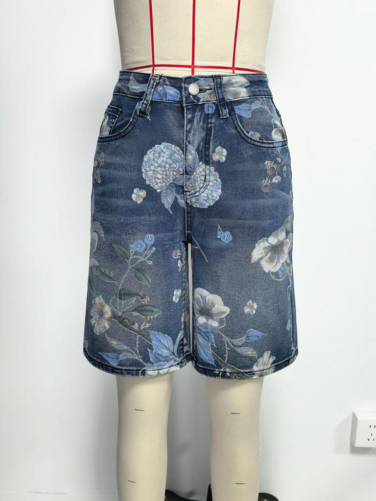 Cross2026 Florale High-Waist Wide-Leg Denim Capris für Damen