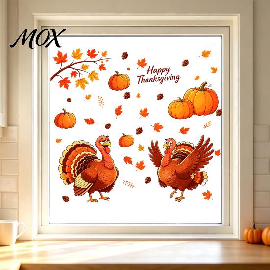 Removable Glass Art Decals Thanksgiving Static Window Clings, Cartoon Double Turkey Pumpkin Maple Leaf No?Glue Autumn Decals, Waterproof Stickers
