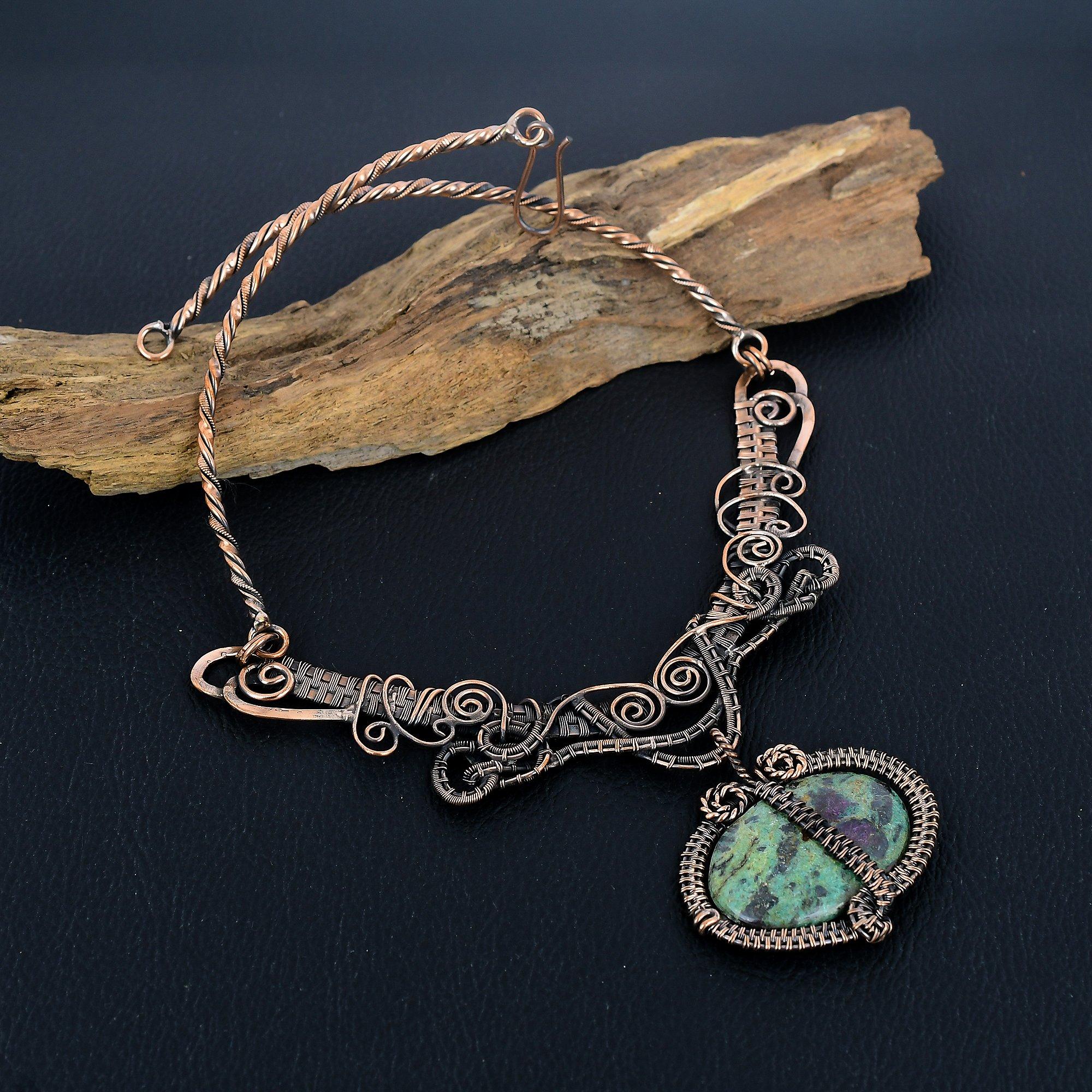 

Ruby In Zoisite 999 Copper Wire Wrapped Necklace Adjustable, Chain Necklace Handmade Gemstone, Gift For Mom Antique Jewelry