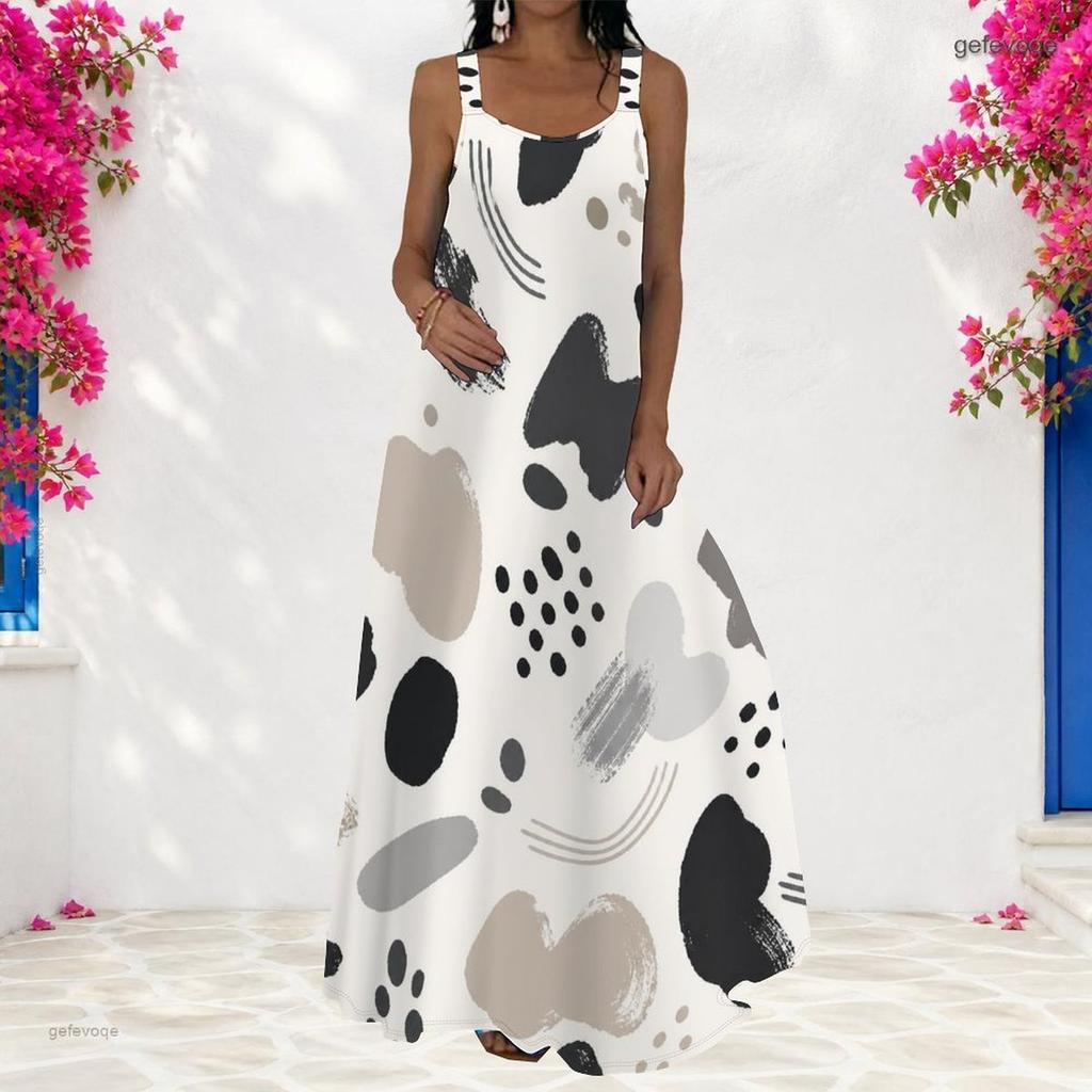 Women Plus Size Scoop Neck Strappy Sleeveless Abstract Print A Line Maxi Dress