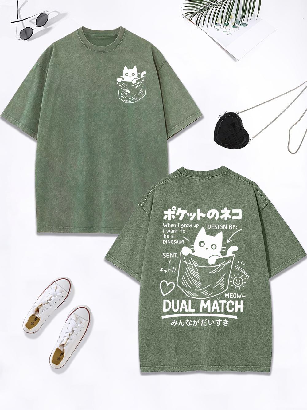 

Cute Japanese Pocket Cat Prints Washed TShirt Womens Cotton Oversize T Shirt Comfortable Distressed ONeck Tops Summer Clothes S
