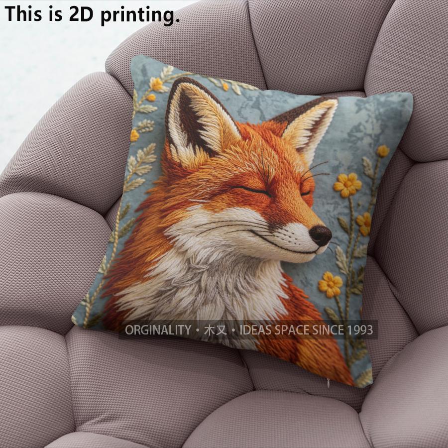

Cute Embroidery Style Fox Floral Throw Pillow Covers Pattern Cushion Cover Suitable for Sofa Bedroom Car Pillow Cover 40x40cm