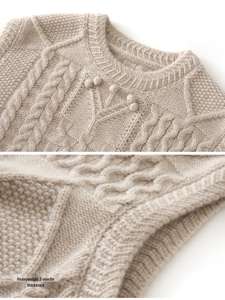 Solid Color Cable Knit Sleeveless Vest - Round Neck, Three-Needle Six-Strand Design, Perfect for Layering in Autumn and Winter