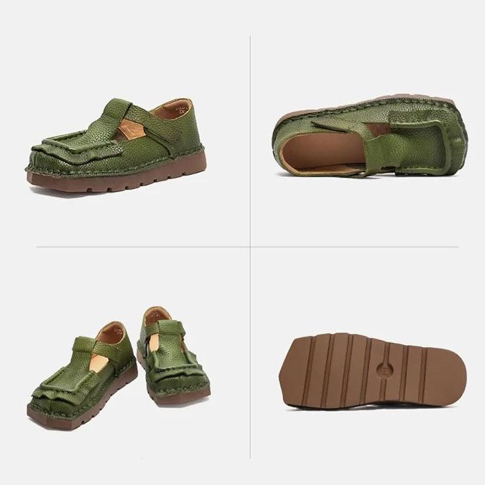 Johnature Square Toe Thick Soled Comfortable Commuter Women's Shoes Retro Genuine Leather Flats