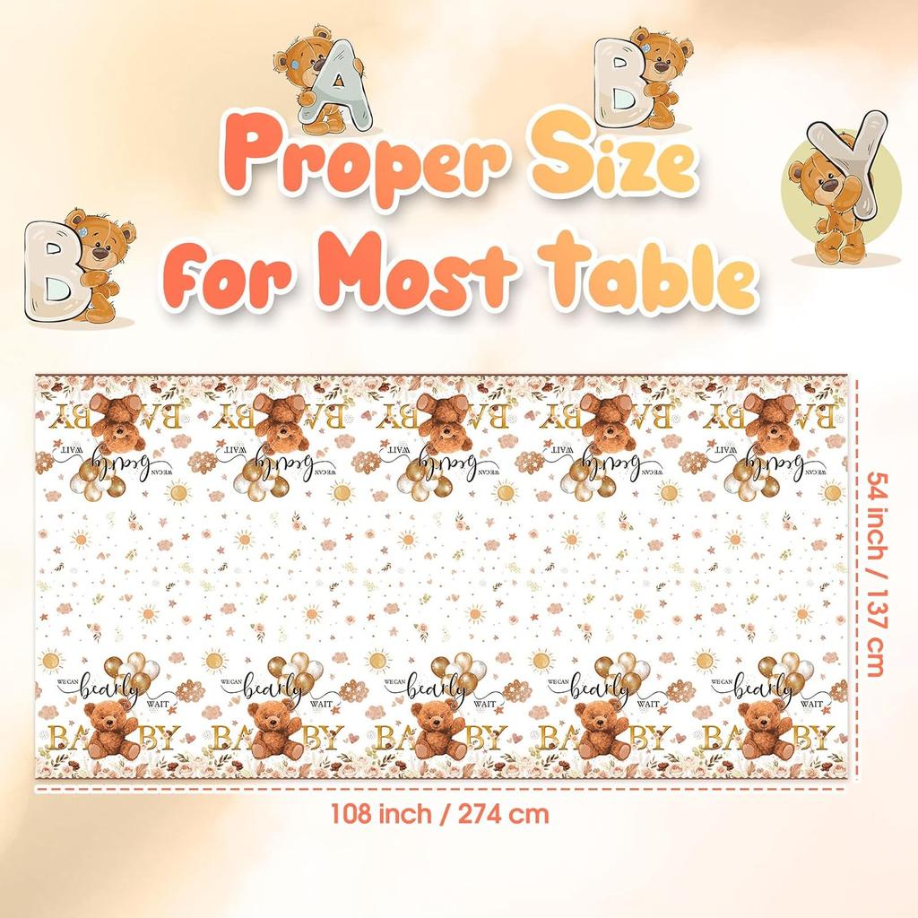 Tatuo 3 Pcs Bear Baby Shower Decorations Tablecloth We Can Bearly Wait Bear Table Cover Balloon Plastic Tablecloth for Birthday Baby Shower Party