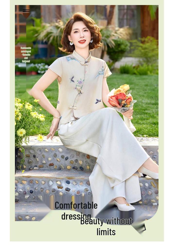 Mom's Stylish Summer Two-Piece Set: Mid-Aged Women's Chinese Style Short-Sleeve Shirt + Skirt Pants.