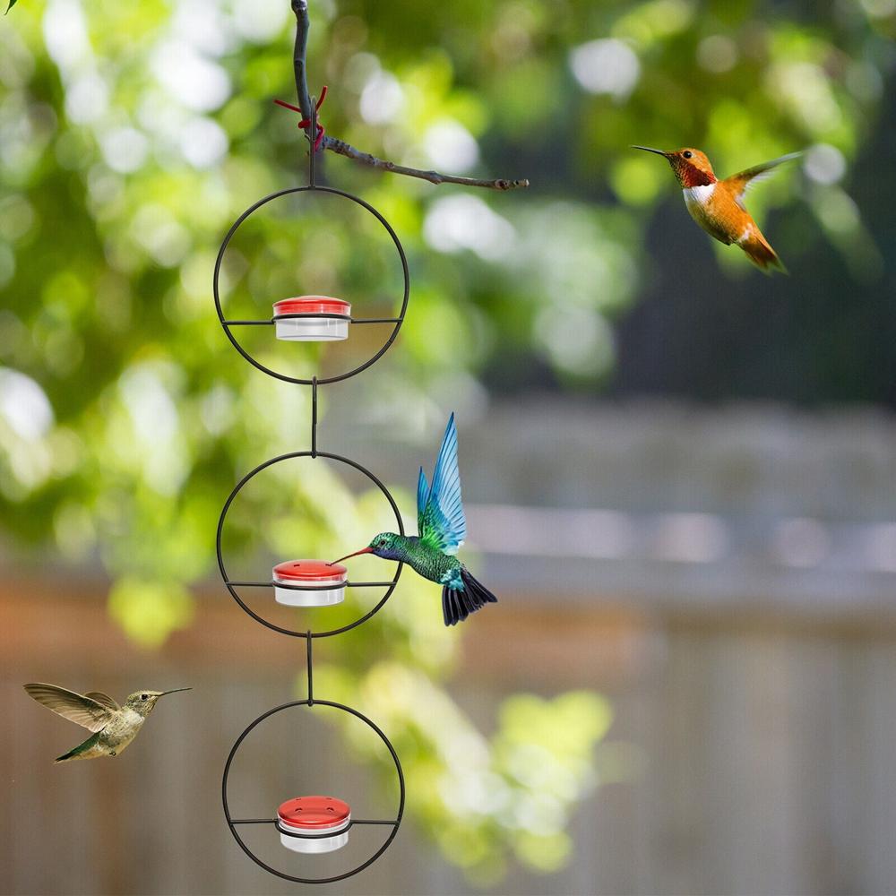 Przenośny Okrągły Wiszący Karmnik dla Kolibrów Układany w Stos z Metalową Ramą i Plastikową Miseczką na Zewnątrz Ogród Podwórko Patio Drzewa