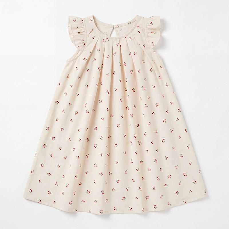 Sweet Cherry Print Girls Dress Summer Flutter Sleeve Pleated Skirt Baby Clothing 90cm вишня