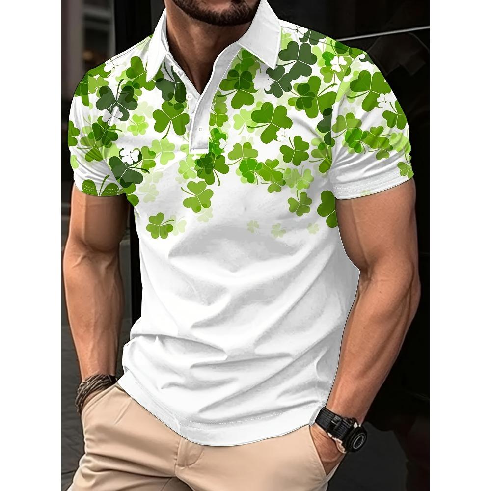Men s Clover Pattern Printed Short Sleeved Lapel Golf Shirt S