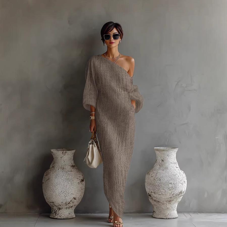 Nuovo Abito Lungo Estivo Moda di Alta Gamma da Donna a Maniche Lunghe Sulla Spalla Stile Vita Media Rimboccato
