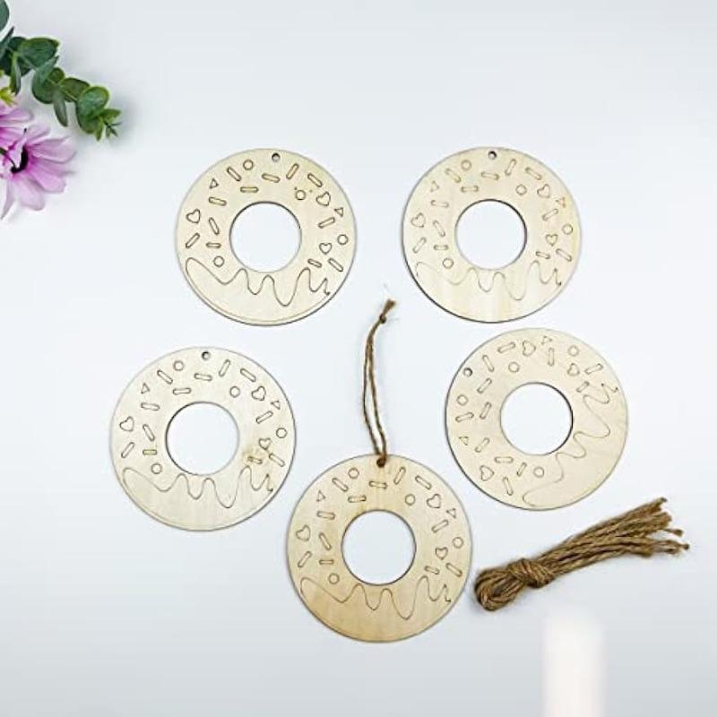 10pcs Unfinished Wood Donuts Wood Cutouts for DIY Crafts Wooden Donuts Shaped Hanging Ornaments with Hole Hemp Ropes Gift Tags