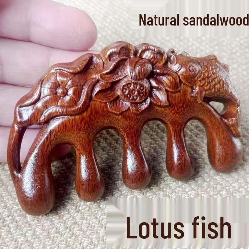 A-Level Golden Sandalwood Lotus Fish Carved Massage Comb - Wide-Tooth Scalp & Meridian Comb Lotus Fish