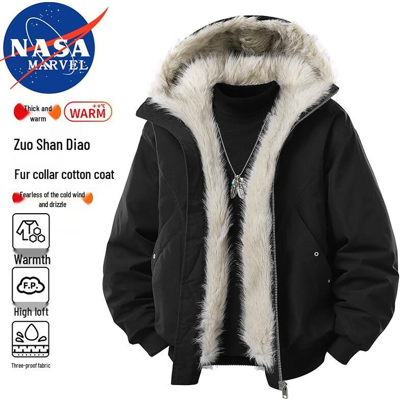 NASA MARVEL Men's Hooded Winter Fleece-Lined Padded Jacket with Fur Collar