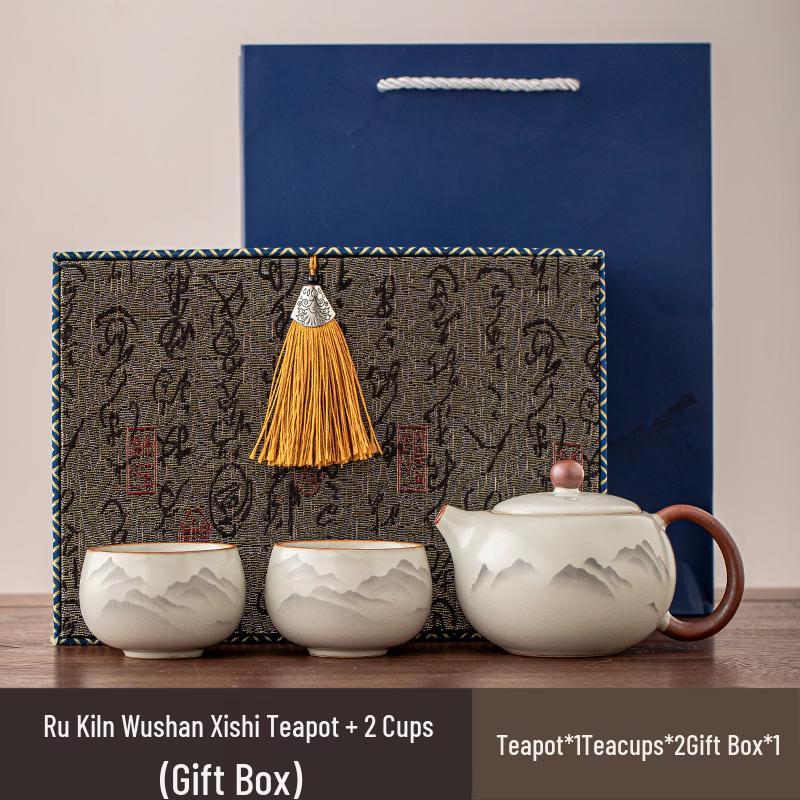 Misty Mountain Ru Kiln Ceramic Tea Set - Xishi Pot & 2 Cups Gift Box