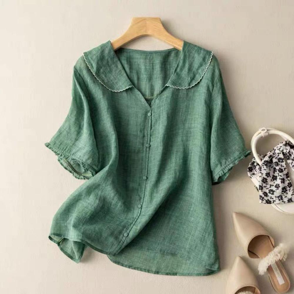

Short-sleeved Navy Collar Ramie Top Literary Retro Cotton and Linen Shirt Doll Collar Loose and Thin M зелёный
