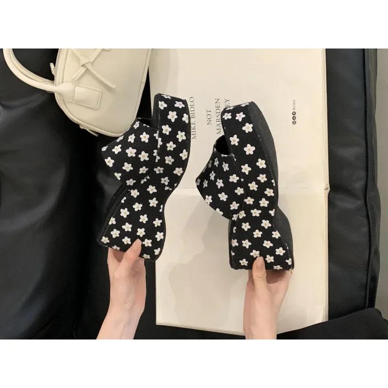 Blue Heels Sandals Women Slippers Beige Flowers Platform Chunky Heels 9cm Sandals Summer Shoes Women Zapatos De Mujer 2025