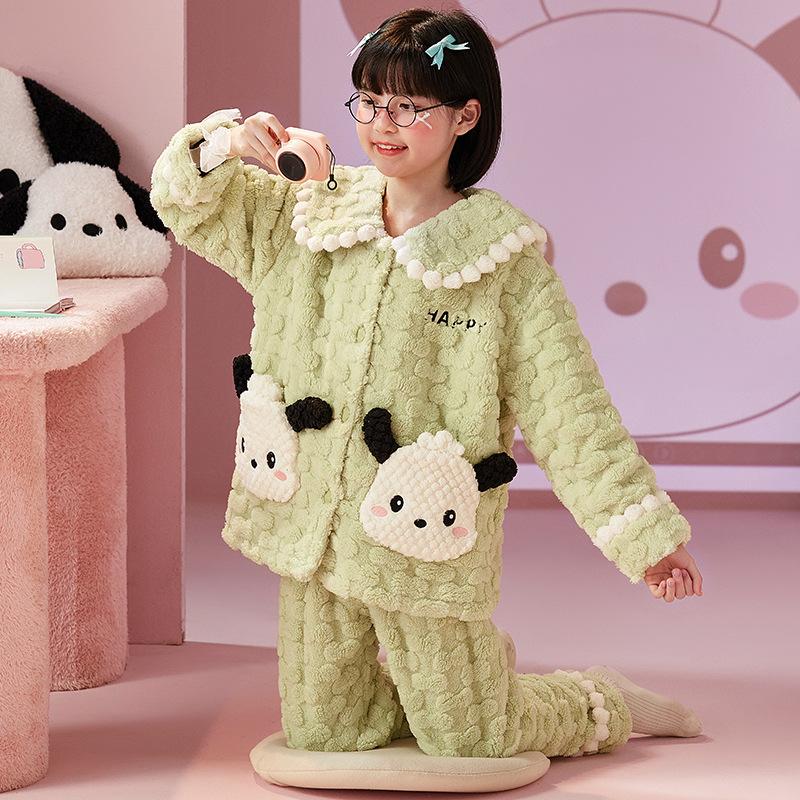 Kids Flannel Pajamas Set Boys Girls Warm Long Sleeve Top And Pants Sleepwear Winter Home Nightwear