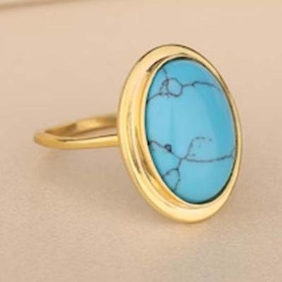 Bague en pierre précieuse ovale turquoise tibétaine, bague de créateur faite à la main, bague en or jaune, cadeau d’anniversaire, bague, bague de fête, argent sterling 925