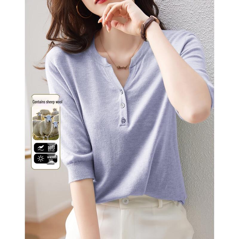 Demana Women s Silk-Wool Blend Half-Open Collar Knit Top M