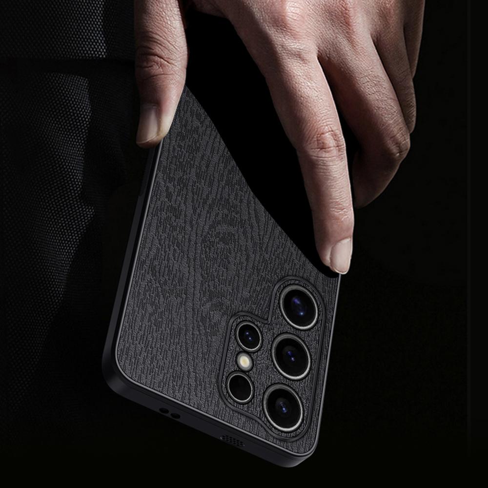 

For Samsung Galaxy S25 Ultra Case Wood Texture PU Leather Coated PC+TPU Phone Cover Grey
