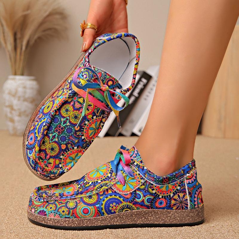 Large Size Casual Single Shoes Women's Color Lace-up Graffiti Low-top Canvas Shoes Wood Grain Platform Shoes