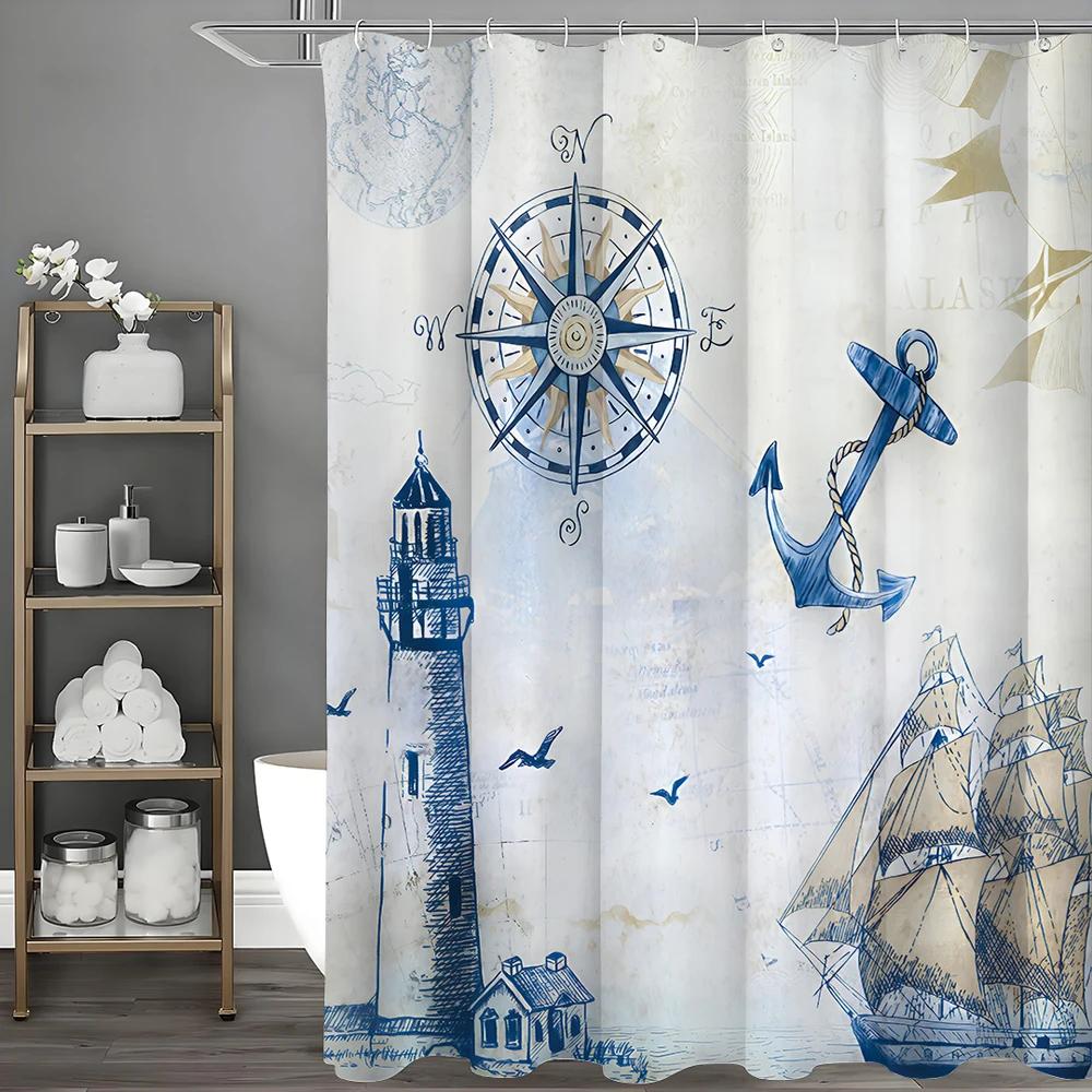 Nautyczny Żaglówka Nadmorski Latarnia Morska, Kompas, Kotwica Zasłona Prysznicowa, Dekoracyjna Zasłona Prysznicowa do Łazienki, Wodoodporna Zasłona Prysznicowa