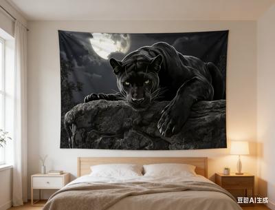 Black Panther Canvas Tapestry Moonlit Forest Glowing Eyes Polyester Wall Hanging for Home Living Room Bedroom Office Decor