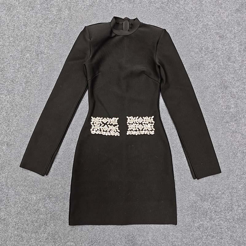 Европейско-американское шикарное миди-платье со разрезом и стразами - Элегантное вечернее платье с длинным рукавом S чёрный