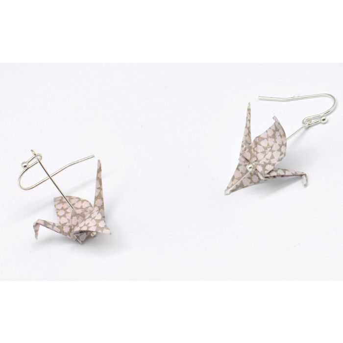 Boucles d'oreille papier Origami Grue Rose gris c.