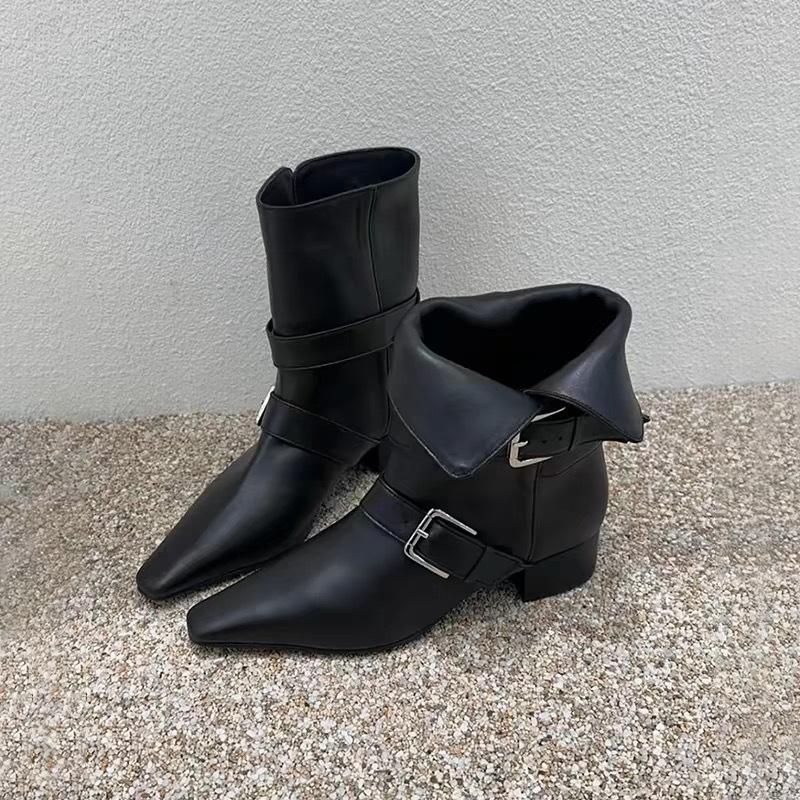 Rindsleder Koreanische Version von Ritterstiefeln Damen mittlerer Schaft eckige Spitze Revers Kurzstiefel Herbst und Winter neu Leder Martin Stiefel Damen Western