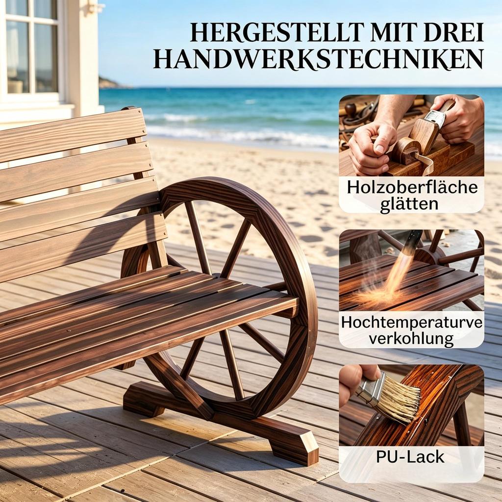 Vintage-style garden bench with cartwheel armrests, classic wooden bench with unique design, double seat bench