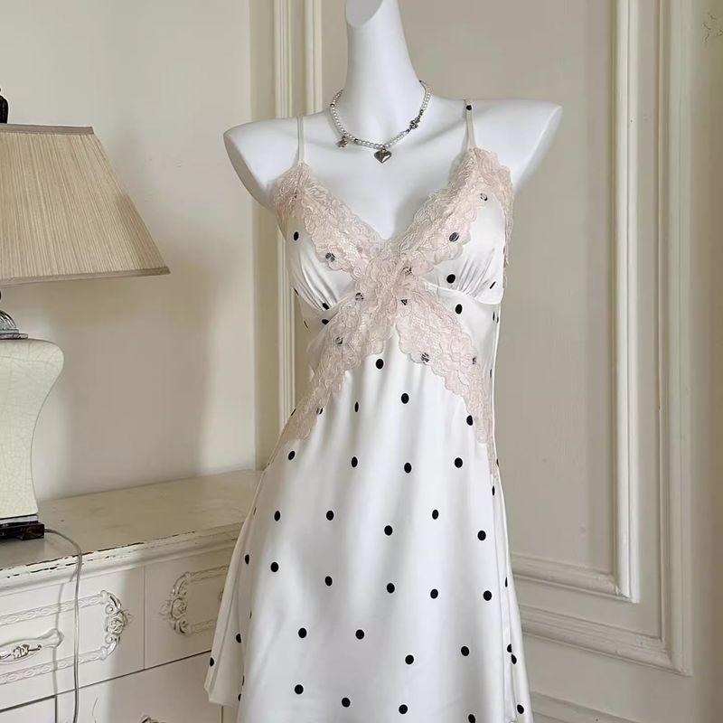 

Good Morning with You Caramel Milk Polka Dot Young Adult with Chest Pad Ice Silk Sling Pajamas Women s Summer Night Skirt Suit Sling Nightgown 170 (XL)