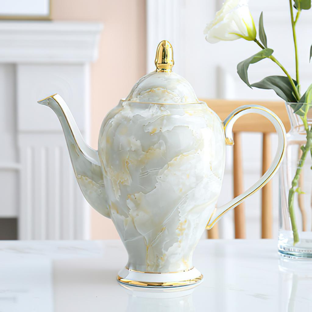Ceramic Gold Inlay Tea Pot and Cup Set Marbling Purple Drinkware Europe Ceramic Mug Sugar Bowl Creamer Afternoon Tea Coffeeware