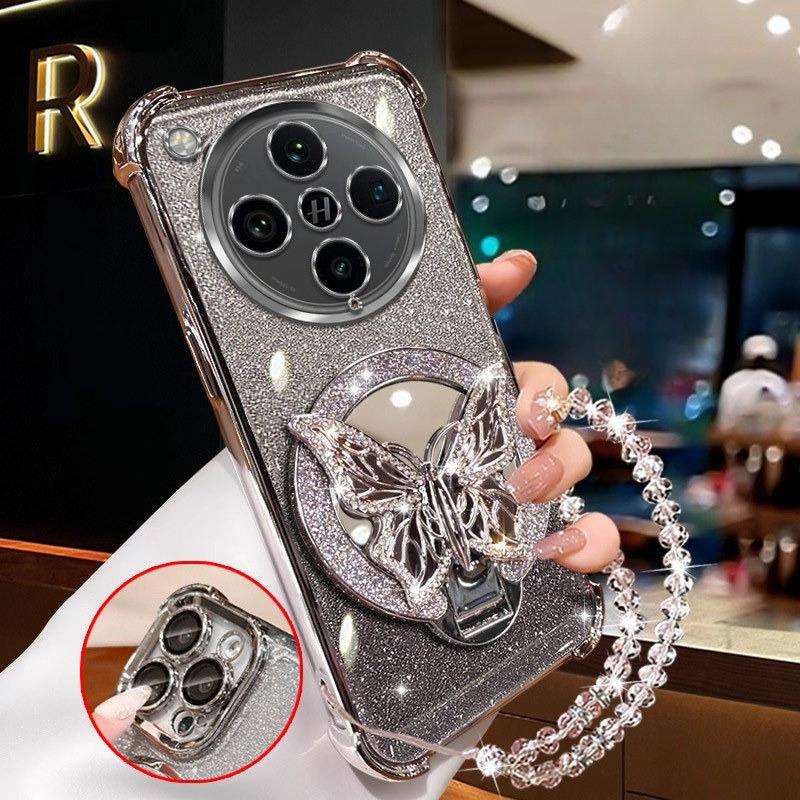 

Glitter Butterfly Mirror Crystal Bracelet Case For PPO Find X8 Pro X8S Plus X7 Ultra Shockproof Plating Silicone Cover Oppo Find X7 Ultra серебряный