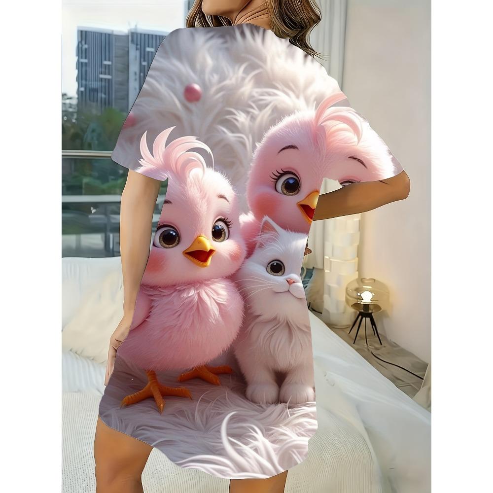 Lady Cartoon Cat Print Short-sleeved Round-neck Dress