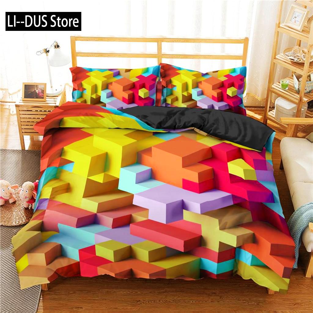 Toy Print Duvet Cover Set Square Gradient Blocks Bedding Set For Kids Teen Colorful Bricks Game Queen Microfiber Comforter Cover