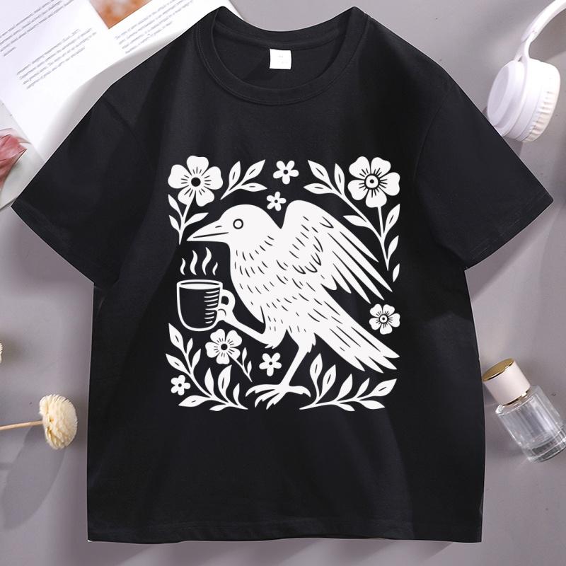 Bohemianstyle Crow Tshirt Designed for Coffee Lovers Casual Shortsleeved Comfortable Round Neck Full of Street StyleY2K S