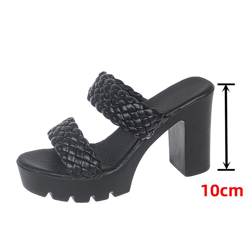 Pu Leather Woven High Heels Sandals for Women Summer New Fashion Slip On Platform Sandals Woman Non Slip Thick Heeled Slippers