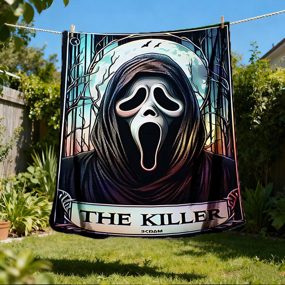 1pc Ghostface, Horror Mask Outdoor Flannel Blanket, Lightweight Warm Cozy for Travel Camping Office Soft Polyester Fabric