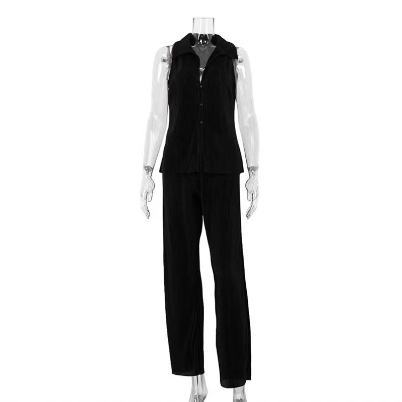 

Western Style Summer Casual Pleat Sleeveless Vest High Waist Trousers Set Tank Top and Pants Set Black L