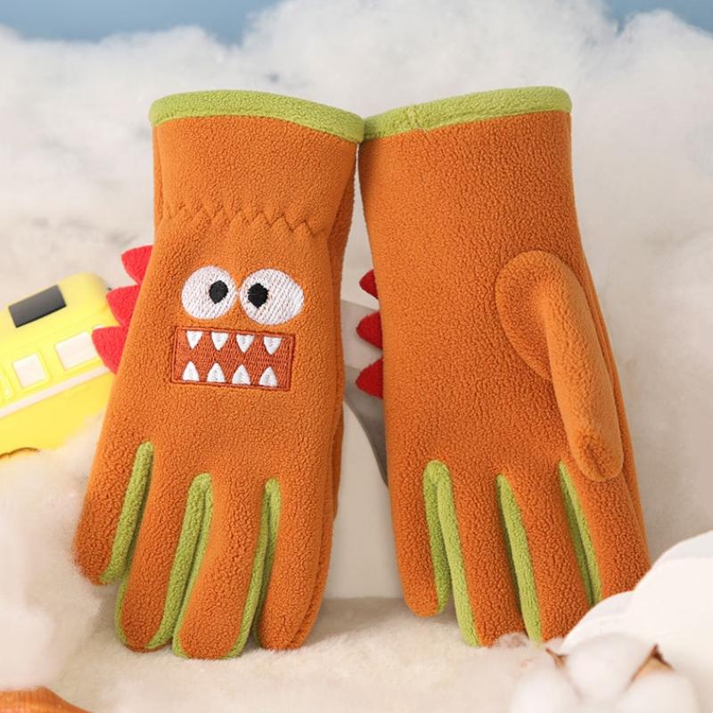 Cartoon Dinosaur Children Winter Gloves Thicken Warm Boys Girls Five Finger Gloves Kids Plush Outdoor Riding Ski Gloves