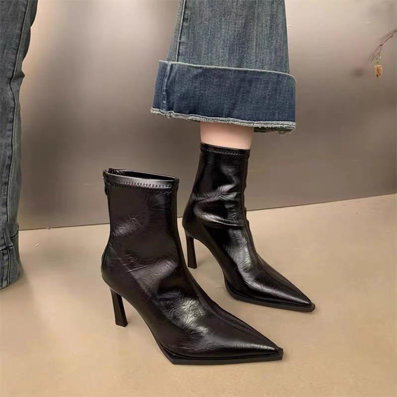 Pointed Toe Ankle Boots Women's Single Boots British Style 2025 Autumn New High Heel Soft Leather Ankle Boots