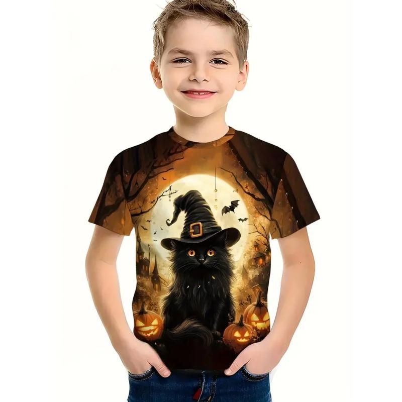 Round Neck 3D Pumpkin Animal Printed T-shirts Short Sleeved Children's Boy T-shirts - Soft Medium Stretch Polyester Fabric Summer Relaxed Fit Clothing