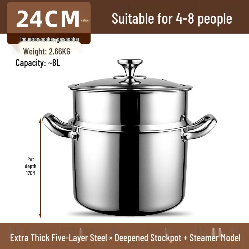 

ZISIZ 24cm 304 Stainless Steel Stockpot with Steamer